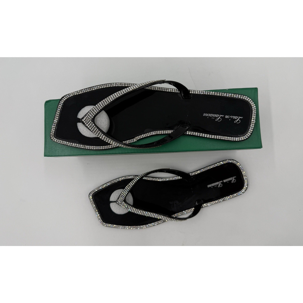 Lauren Lorraine Jellys Thong Sandal Square Toe Size 9.5 Rhinestones Tampa Black - Picture 1 of 9